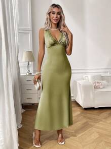Chiquease Women's Elegant Satin Lace Patchwork Romantic Mid-Length Dress Summer Dress Clothes For University - Green - View 5