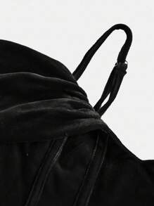 SHEIN Leap Crew Fern Glow  Tween Girls Elegant Velvet Spaghetti Strap A-Line Black Dress With Waist Ruching - Black - View 4