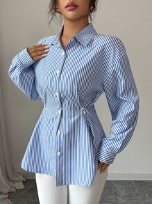 Modelyn Camisa casual de mujer de manga larga con hombros caídos, de un solo pecho y a la cintura, con rayas
