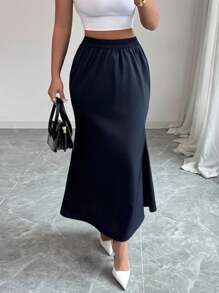 Modelyn Women's Solid Color Elastic Waist Elegant Mermaid Hem Skirt - Navy Blue - View 1