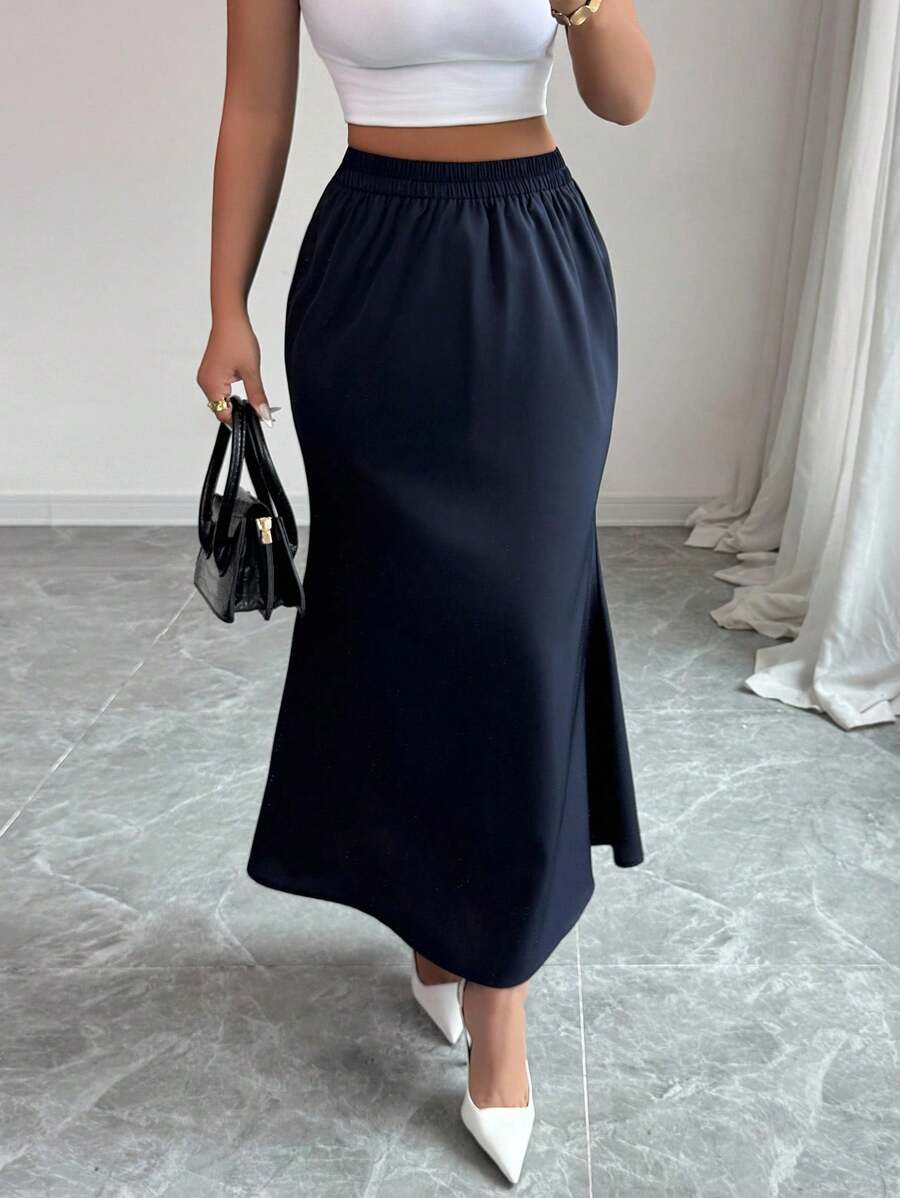 Modelyn Women's Solid Color Elastic Waist Elegant Mermaid Hem Skirt - Navy Blue - View 1