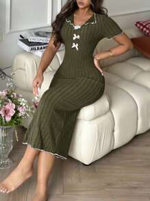 Olive Green Knitted Midi Lounge Dress With V Neck And Ribbed Design Green Bodycon Dress Olive Green Midi Dress Ribbed Knit Dress Women Dresses Bow Accent Dress - Olive Green - View 4