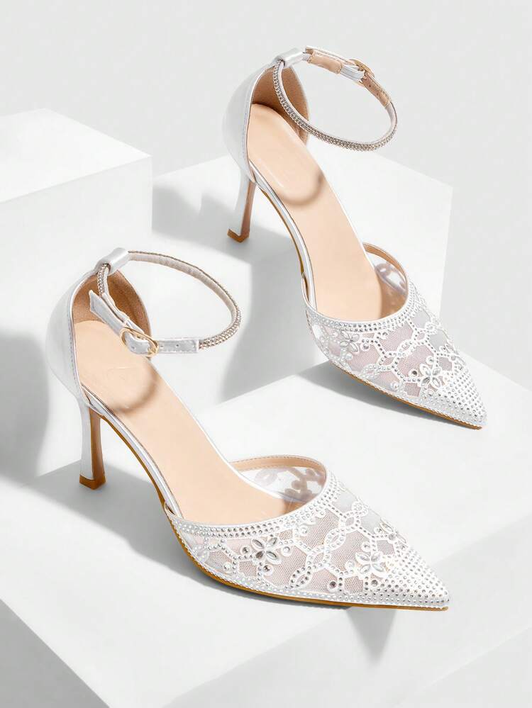 CUCCOO SZL Women's Fashion Pointed Toe Crystal Rhinestone Mesh Material Party Evening Stiletto Slipper Heel Simple Dress Shoes