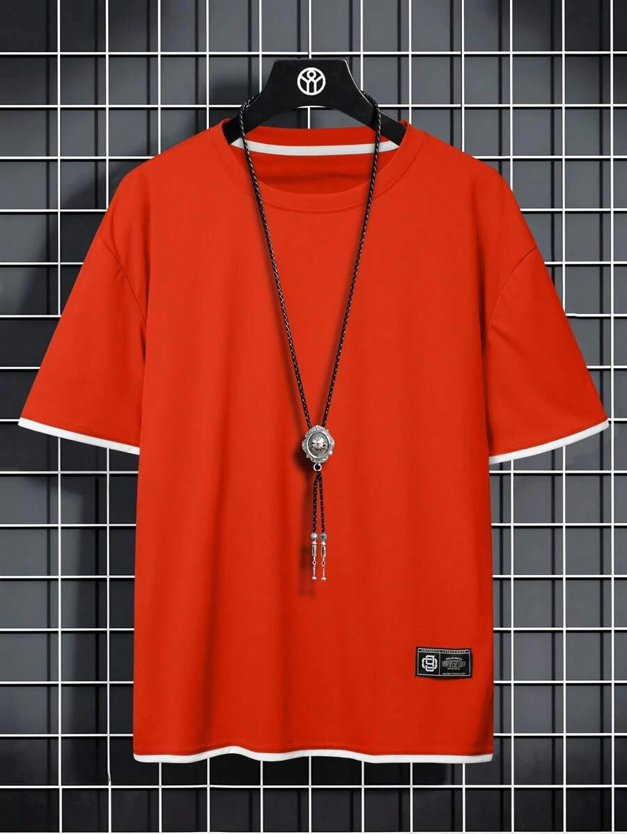 Manfinity Dauomo Men's Casual Round Neck Short Sleeve T-Shirt With Contrast Trim, Summer - Red - View 1