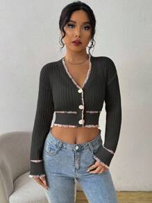 Chiquease Áo len cardigan cắt cúp viền màu cho nữ - màu đen - Xem 4