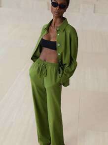 Aveloria Modichic 2pcs Linen Hemline Side Slit Shirt & Solid Color Casual Pants Set Fall Cloth For Women - Green - View 6