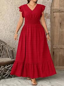 SHEIN CURVE+ 大码女式纹理面料飘逸长裙，夏季毕业礼服，7月4日白色毕业典礼服装 - 紅色 - 查看 4