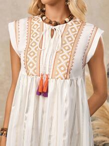 SHEIN LUNE Women's White And Gold V-Neck Lace-Up Tassel Embroidery Splice Stripe Foil Loose Fit Casual Boho Vacation Holiday Summer Everyday Chic Mini Dress - White - View 2