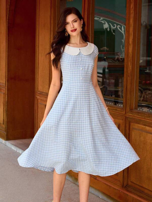 Vintamour Vintage Elegant Women's Colorblock Plaid Collared Midi Dress With Puff Sleeves, Spring/Summer