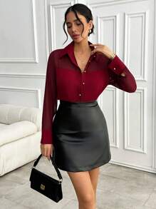 SHEIN Cottnline Solid Color, Button Details, Transparent Long Sleeve, Shirt - Burgundy - View 5