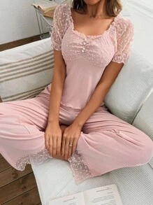 SHEIN Conjunto de pijama con mangas abultadas, cuello cuadrado, decoración con botones y fruncido delantero en tejido de malla jacquard para mujer