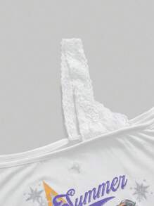 ROMWE Kawaii Casual Summer Stylish Print Asymmetrical Neck Women T-Shirt - White - View 4