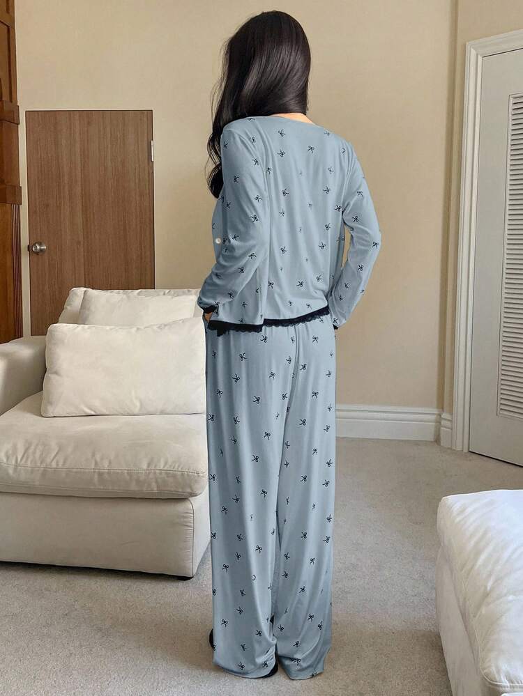 3pc Spring Bow Allover Print Contrast Color Lace Trim Camisole Top & Pants & Robe Pajama Set, Fall Winter Clothes