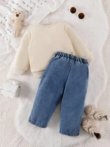 SHEIN Baby Girl 2 Pieces Set,Apricot White Round Neck Long Sleeve Sweatshirt,Graphic Black Bow Print,Blue Denim Pants,Cute Autumn Back-To-School Casual Wear - Apricot - View 2