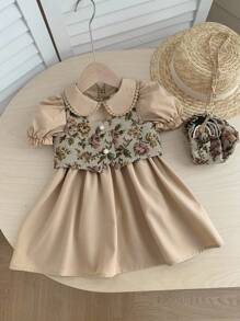 SHEIN مجموعة قطعتين تتكون من فستان بياقة دمية وسترة طفلة ذات طراز نباتي عتيق - متعدد الألوان - مشاهدة 6