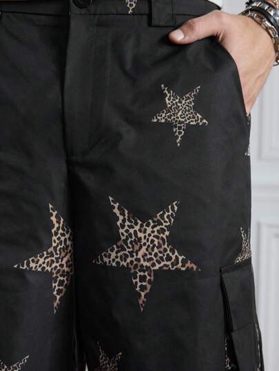 Street Life Men's Streetwear Leopard & Star Print Cargo 3/4 Pants With Pockets