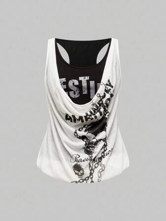 Grunge Punk Y2K Harajuku Goth Punk Skeleton Print Layered Ruffle Hem Plus Size Tank Top, Plus Size