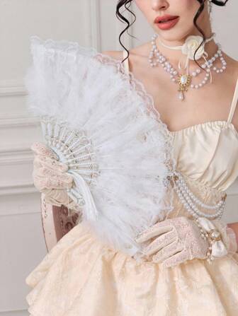 Kawaii 1 pieza Abanico plegable de estilo palacio rococó con pluma e encaje (imitación de pluma), diseño impreso vintage dorado con colgante, abanico portátil de bailarina
