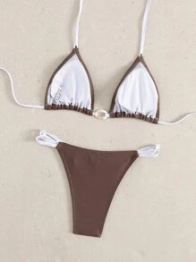 Swim Mod Summer Vacation Plain Color Patchwork Tank Top With Tying Decor, Tie-Dye And Twisted Cord Accent Swimsuit Top And Bottoms 2pcs Bikini Set