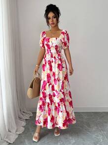 Elenzga Vestido de mujer con estampado floral, mangas abullonadas, cuello cuadrado y cintura definida - Multicolor - Ver 5