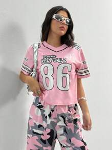 SHEIN 2 件套青少年女孩运动休闲字母图案 V 领运动衫和宽松迷彩阔腿裤，街头时尚百搭套装，适合作为情人节礼物 - 粉色 - 查看 4