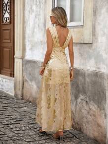 SHEIN VCAY V-Neck Women's Dress, Lightweight Woven Gold Foil Material, Suitable For Spring & Summer Vacation,Pastel Dresses For Women