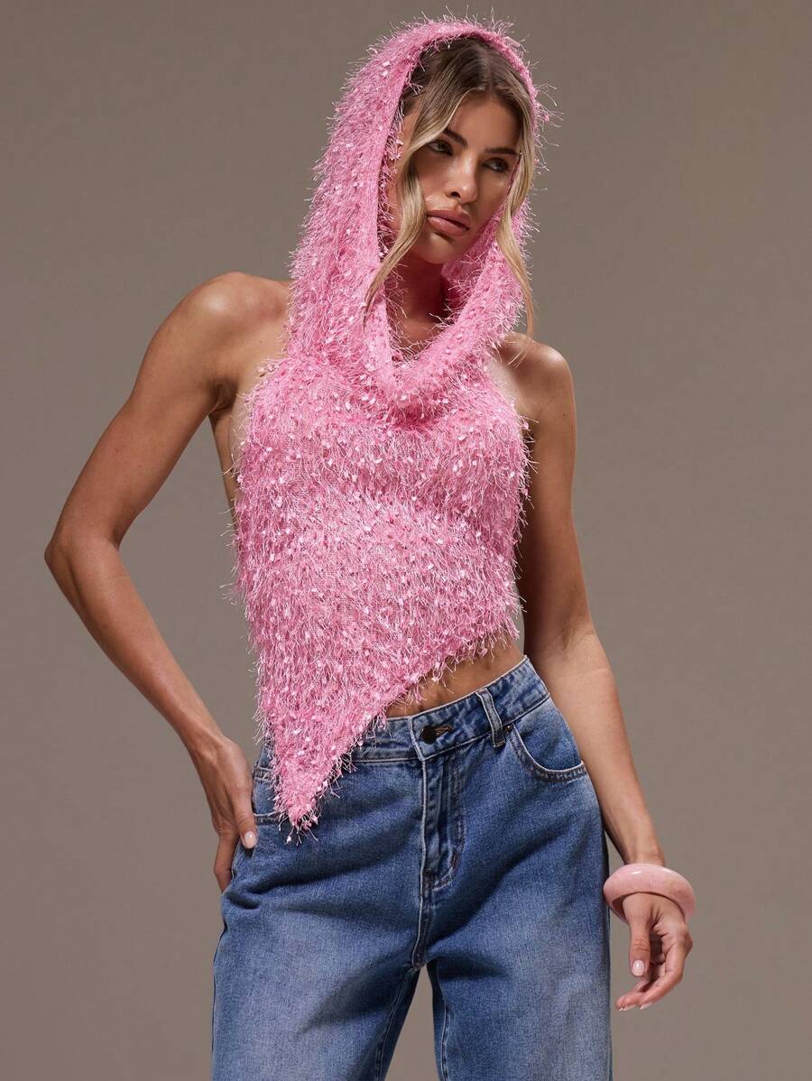 MUSERA Knitted Hooded Racer Asymmetrical Hem Textured Fluffy Top Festival, Concert, Rave, Club, Summer, Sexy Going Out Top Spring Holiday - Pink - View 1