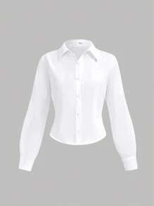 SHEIN Girlism Chemise blanche courte basique décontractée à manches longues et taille resserrée pour adolescentes, décontractée, preppy, Y2K, rentrée scolaire