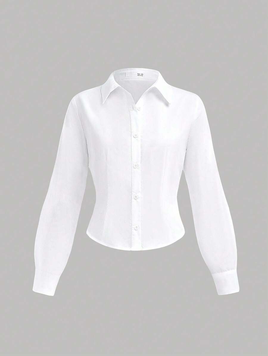 SHEIN Girlism Chemise blanche courte basique décontractée à manches longues et taille resserrée pour adolescentes, décontractée, preppy, Y2K, rentrée scolaire