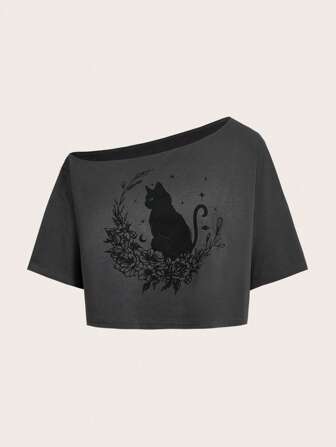 Fairycore Plus Size Women Summer Cat & Flower Printed Asymmetrical Collared Short Sleeve Casual T-Shirt