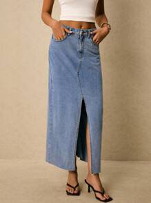 Poéselle New Women's Denim Skirt Front Slit Long Skirt Autumn Light Blue French Elegant For Going Out On A Date Denim Maxi Skirt Long Denim Skirt Blue Denim Skirt Women Denim Skirt Back To School Y2k Office For Women School Streetwear Airport For Women Cowgirl Back To School Teacher For Women - Light Wash - View 6