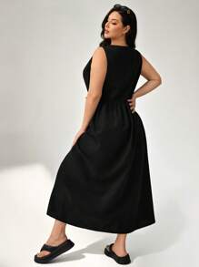 Auralis Robe de mode de base noire sans manches à grande taille avec nœud pour femme - Noir - Voir 3