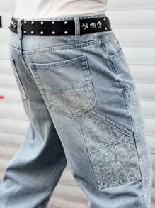 ROMWE MEN Street Life 男士花卉印花口袋宽松休闲时尚牛仔裤 - 藍色 - 查看 2