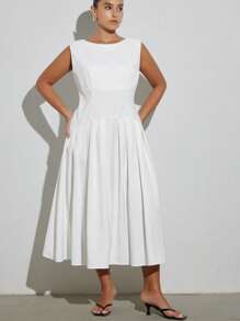 Aveloria Modichic 1pc Sleeveless Plus Size White Dress With One Shoulder Hem Pleats Patchwork Detail - White - View 4