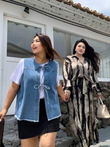 Dazy Plus Light Colored Distressed Sleeveless Tie Up Denim Vest