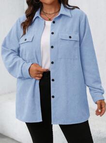 SHEIN LUNE 大码纯色纽扣前口袋休闲长袖夹克浅蓝色衬衫女款淡蓝色灯芯绒衬衫女款蓝色短袖外套蓝色衬衫夹克女款浅蓝色夹克女款淡蓝色衬衫女款灯芯绒衬衫女款浅蓝色短袖外套蓝色衬衫女款 - 淺藍色 - 查看 6
