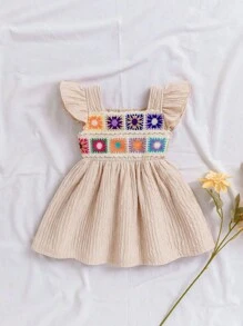 SHEIN Baby Girls Cute Pattern Hand-Hooked Flower Cap Sleeve Dress, Summer Outdoor Activities & Beach Resort - Apricot - View 2