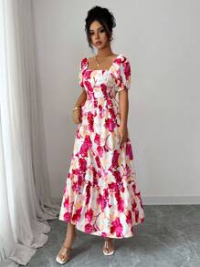 Elenzga Vestido de mujer con estampado floral, mangas abullonadas, cuello cuadrado y cintura definida - Multicolor - Ver 4