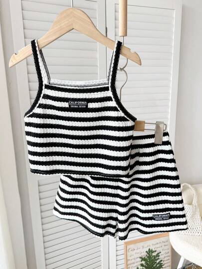 SHEIN 青少年女孩休闲舒适罗纹短款上衣和短裤套装