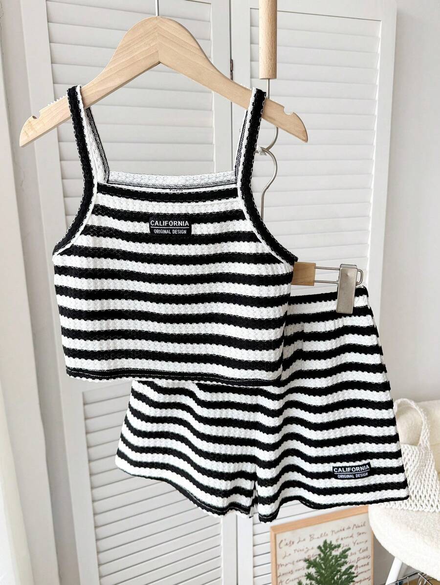 SHEIN 青少年女孩休闲舒适罗纹短款上衣和短裤套装 - 黑與白 - 查看 1