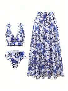 Swim Oasis V 领多色蝴蝶结花卉印花 3 件套比基尼套装，带网眼裙，高品质度假比基尼套装