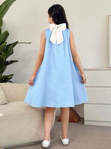 SHEIN Tween Girls' Casual Elegant Bow & 3D Floral Ruffle Back Bow Decor Stand Collar Sleeveless Maxi Dress, Suitable For Party, Wedding, Special Occasions - Baby Blue - View 2