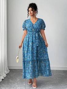 Elenzga Plus Size Women Chiffon Floral Print V-Neck Flutter Sleeve Ruffle Waist Tie Elegant Summer Dress - Multicolor - View 6