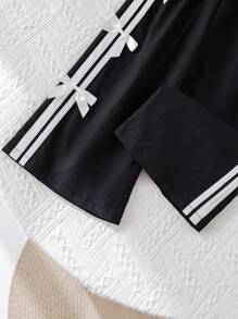 SHEIN 年轻女孩百搭休闲黑色蝴蝶结松紧腰宽松裤 - 黑色 - 查看 9