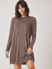 EURMUSE Women Casual Solid Color Round Neck Long Sleeve Short T-Shirt Dress - Chocolate Brown - View 3