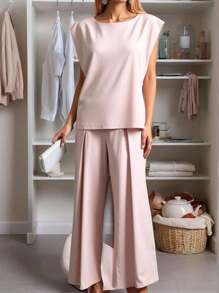 INAWLY Modisches, lässiges, weites ärmelloses Top und Hose mit weitem Bein und elastischem Bund, 2-teiliges Set für Frauen - Khaki - Übersicht 3