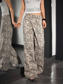 SHEIN EZwear 女式蛇皮纹阔腿宽松休闲牛仔裤 - 彩色 - 查看 4