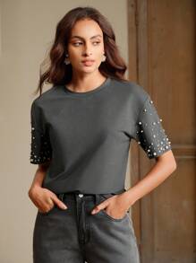 Anewsta 现代都市风格女式圆领缀饰短袖T恤 - 灰色 - 查看 5