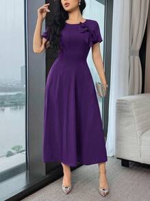 Modelyn Women's Solid Color Bowknot Decor Round Neck Short Sleeve Elegant Mid-Length Dress - Purple - View 4