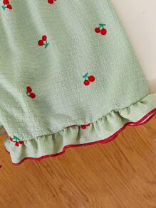 Conjunto de pijama para niñas preadolescentes, blusa de manga corta con volantes y estampado de cerezas, shorts elegantes y cómodos de moda